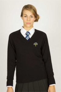 Black V'Neck Cotton Fitted Jumper embroidered with the Belmont Community School Logo