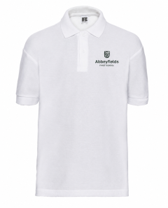 White Polo-Shirt embroidered with the Abbeyfields First School Logo