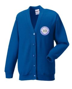 Royal Blue Cardigan Sweatshirt embroidered with the Redesdale Primary School Logo