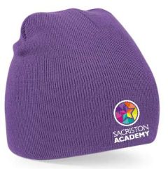 Purple Knitted Beannie Hat - Embroidered with Sacriston Academy Logo