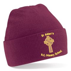 Burgundy Knitted Hat - Embroidered with St Aidan's RC Primary School Logo