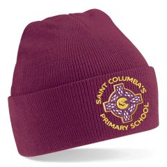 Burgundy Woolly Hat with St Columba's RC Primary School text Logo
