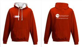Red White Hoodie Printed Front Back with Bright Red Charity logos